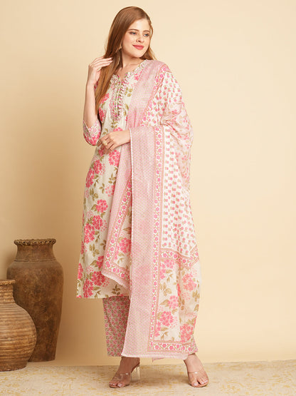 Floral Printed Straight Fit Kurta with Pant & Dupatta - Pink