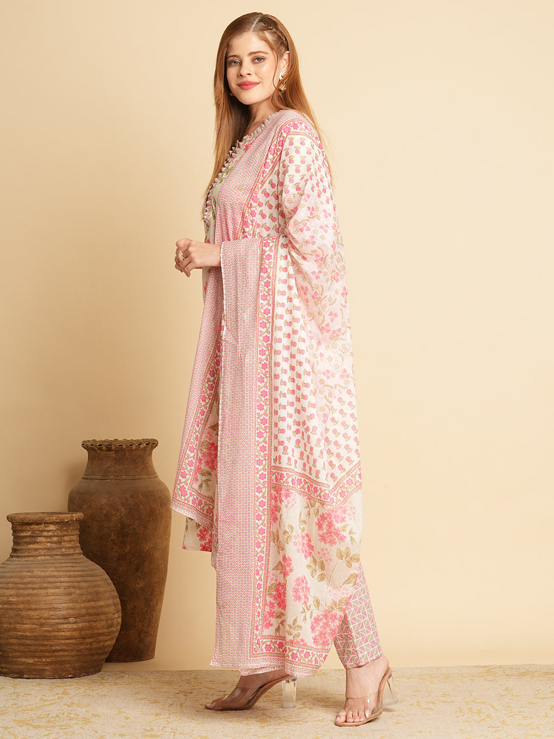 Floral Printed Straight Fit Kurta with Pant & Dupatta - Pink