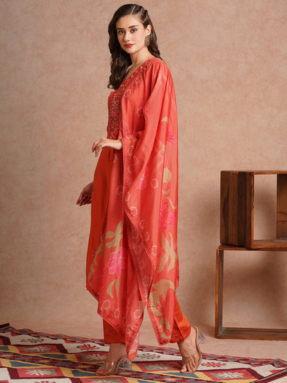 Solid Floral Hand Embroidered Straight Fit Kurta with Pant and Floral Printed Dupatta - Rust