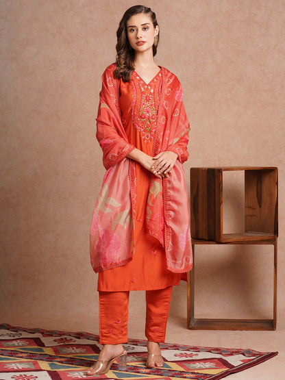 Solid Floral Hand Embroidered Straight Fit Kurta with Pant and Floral Printed Dupatta - Rust