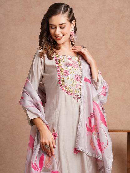 Solid Floral Hand Embroidered Straight Fit Kurta with Pant & Dupatta - Grey