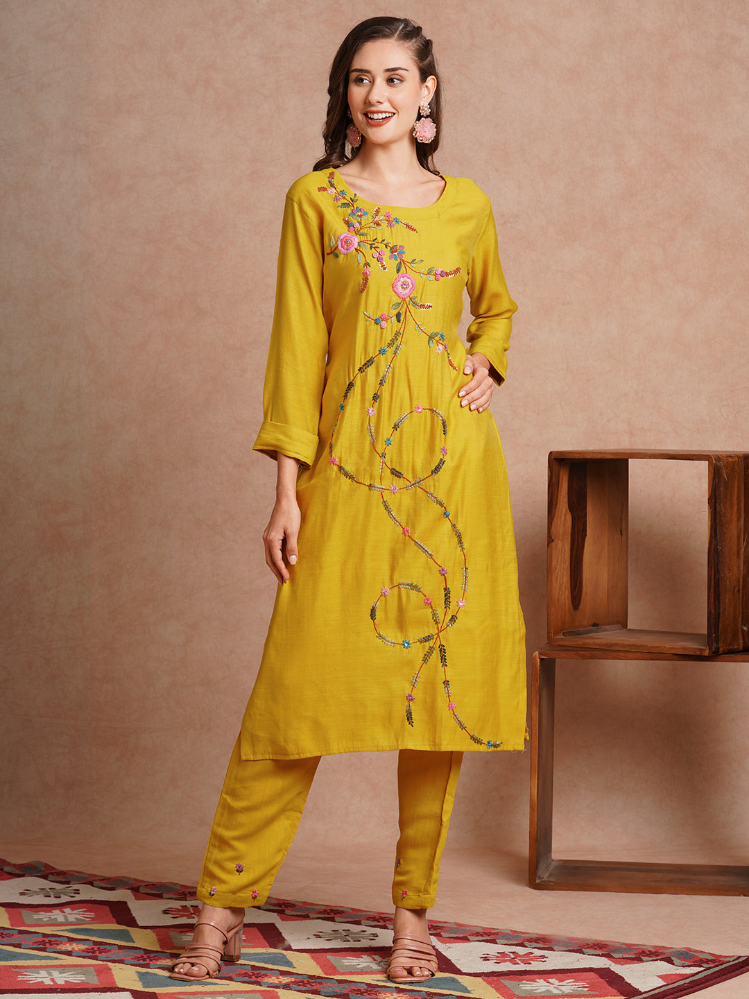 Solid Floral Hand Embroidered Straight Fit Co-ord Set - Mustard