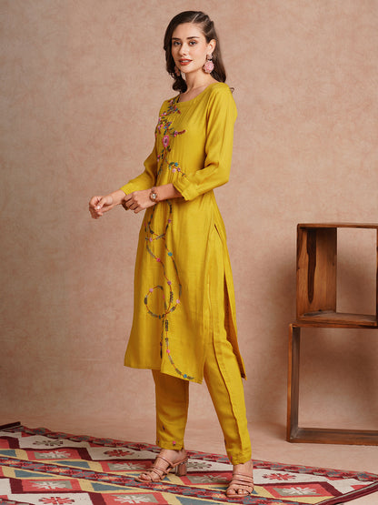 Solid Floral Hand Embroidered Straight Fit Co-ord Set - Mustard