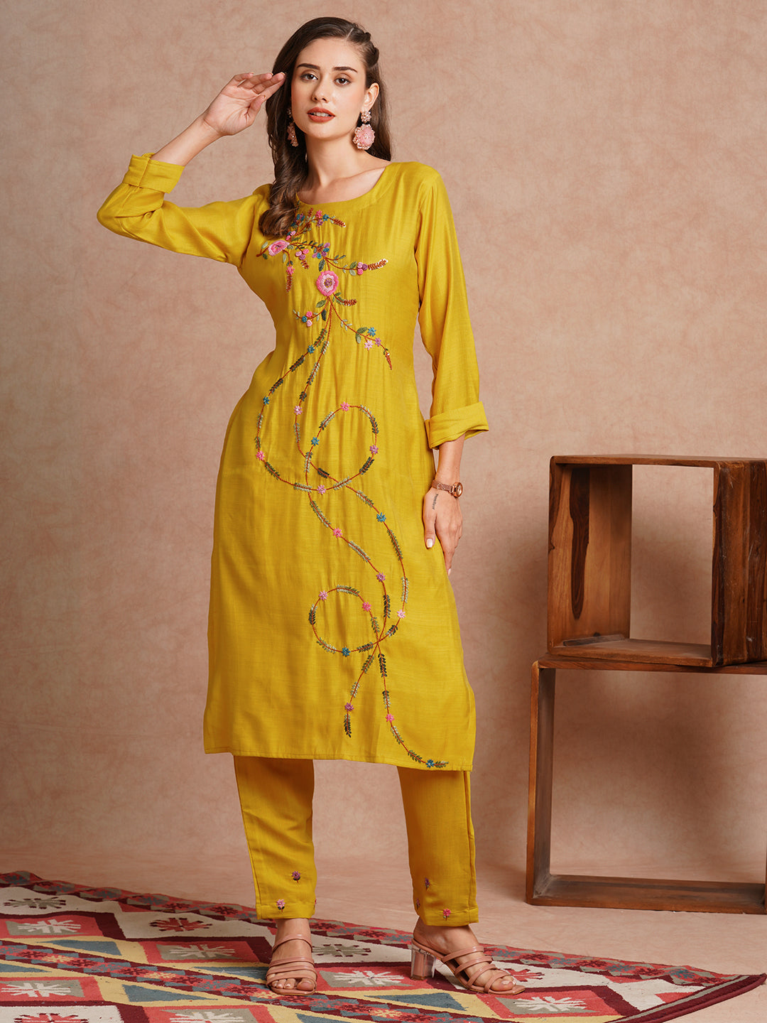 Solid Floral Hand Embroidered Straight Fit Co-ord Set - Mustard