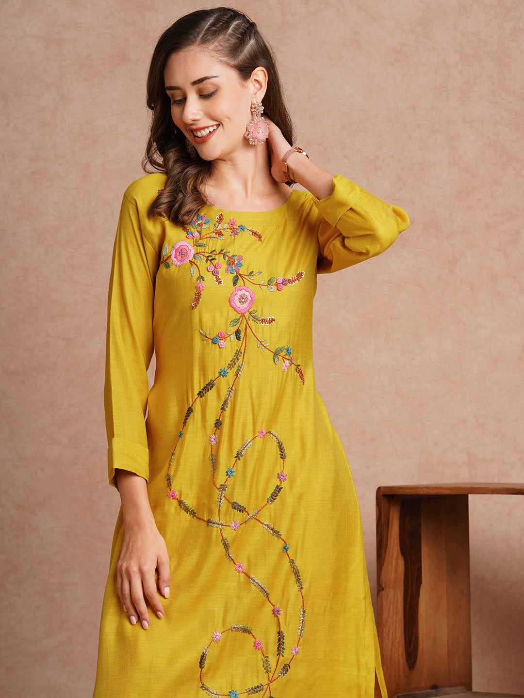 Solid Floral Hand Embroidered Straight Fit Co-ord Set - Mustard