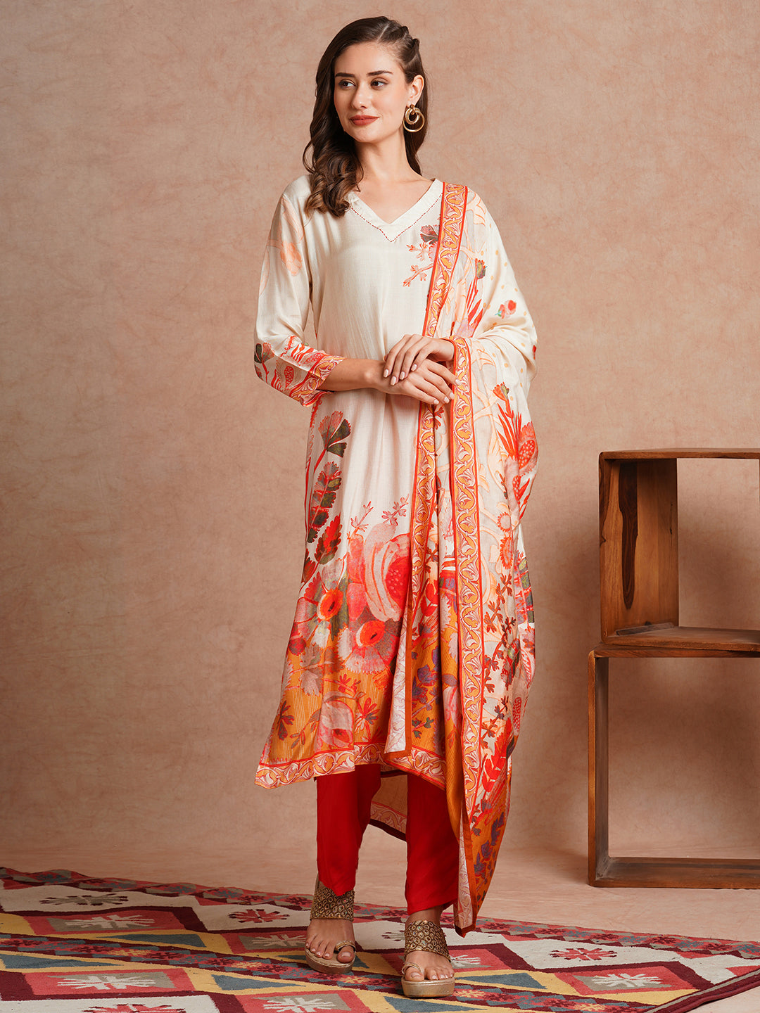 Floral Printed Straight Fit Kurta with Pant and Printed Dupatta - Off White