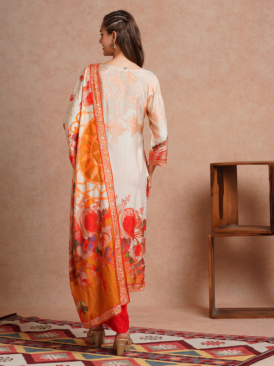 Floral Printed Straight Fit Kurta with Pant and Printed Dupatta - Off White