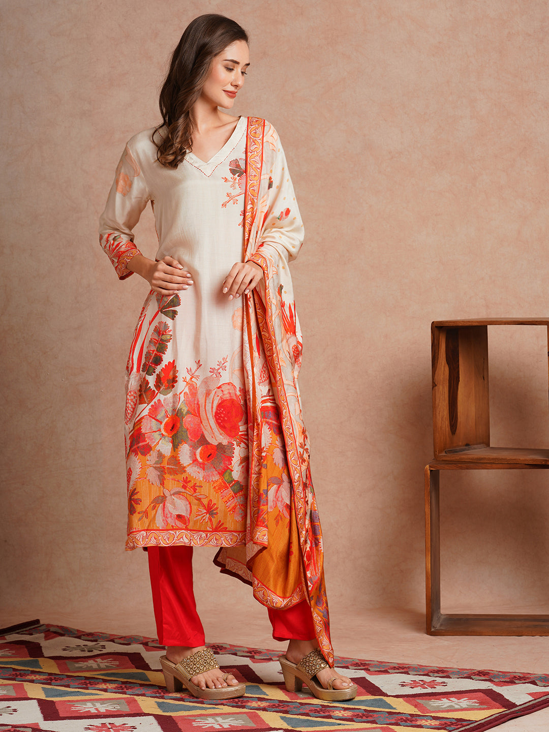 Floral Printed Straight Fit Kurta with Pant and Printed Dupatta - Off White