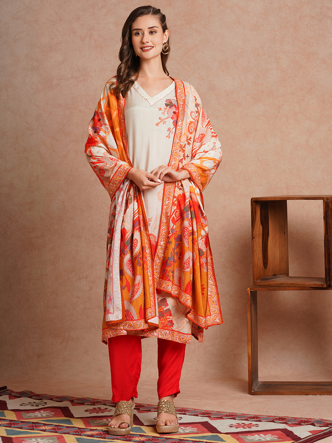 Floral Printed Straight Fit Kurta with Pant and Printed Dupatta - Off White