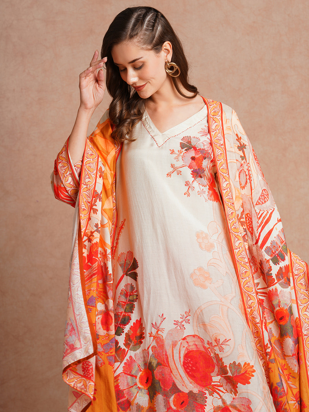 Floral Printed Straight Fit Kurta with Pant and Printed Dupatta - Off White