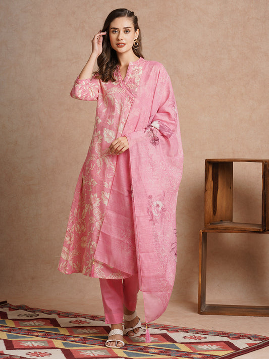 Floral Printed A-Line Paneled Kurta with Pant & Dupatta - Pink