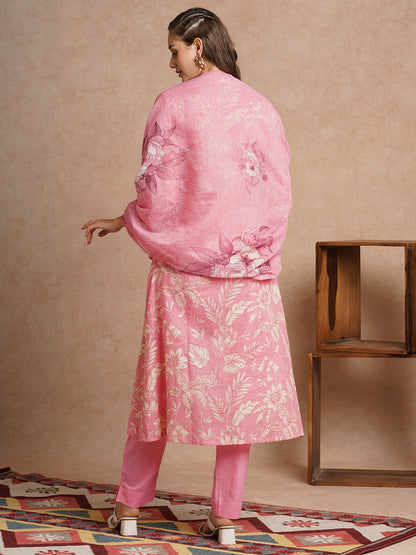 Floral Printed A-Line Paneled Kurta with Pant & Dupatta - Pink