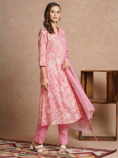 Floral Printed A-Line Paneled Kurta with Pant & Dupatta - Pink