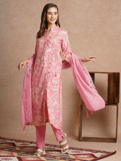 Floral Printed A-Line Paneled Kurta with Pant & Dupatta - Pink