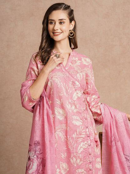 Floral Printed A-Line Paneled Kurta with Pant & Dupatta - Pink