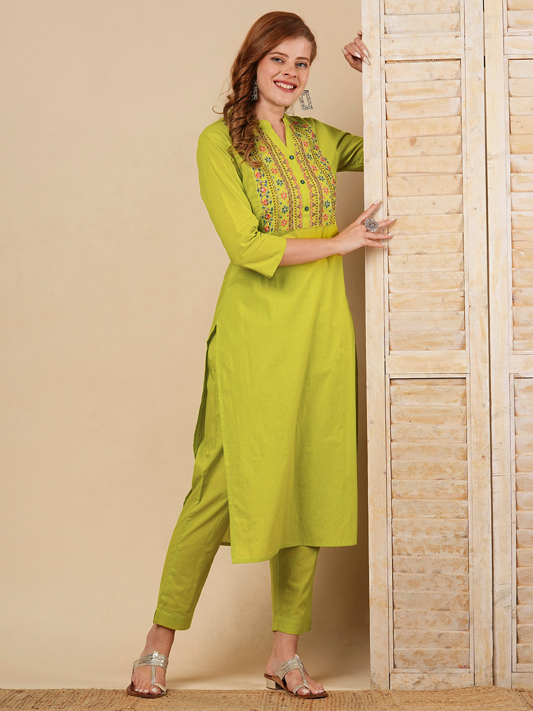 Floral Zari & Resham Embroidered Straight Fit Co-ord Set - Lime Green