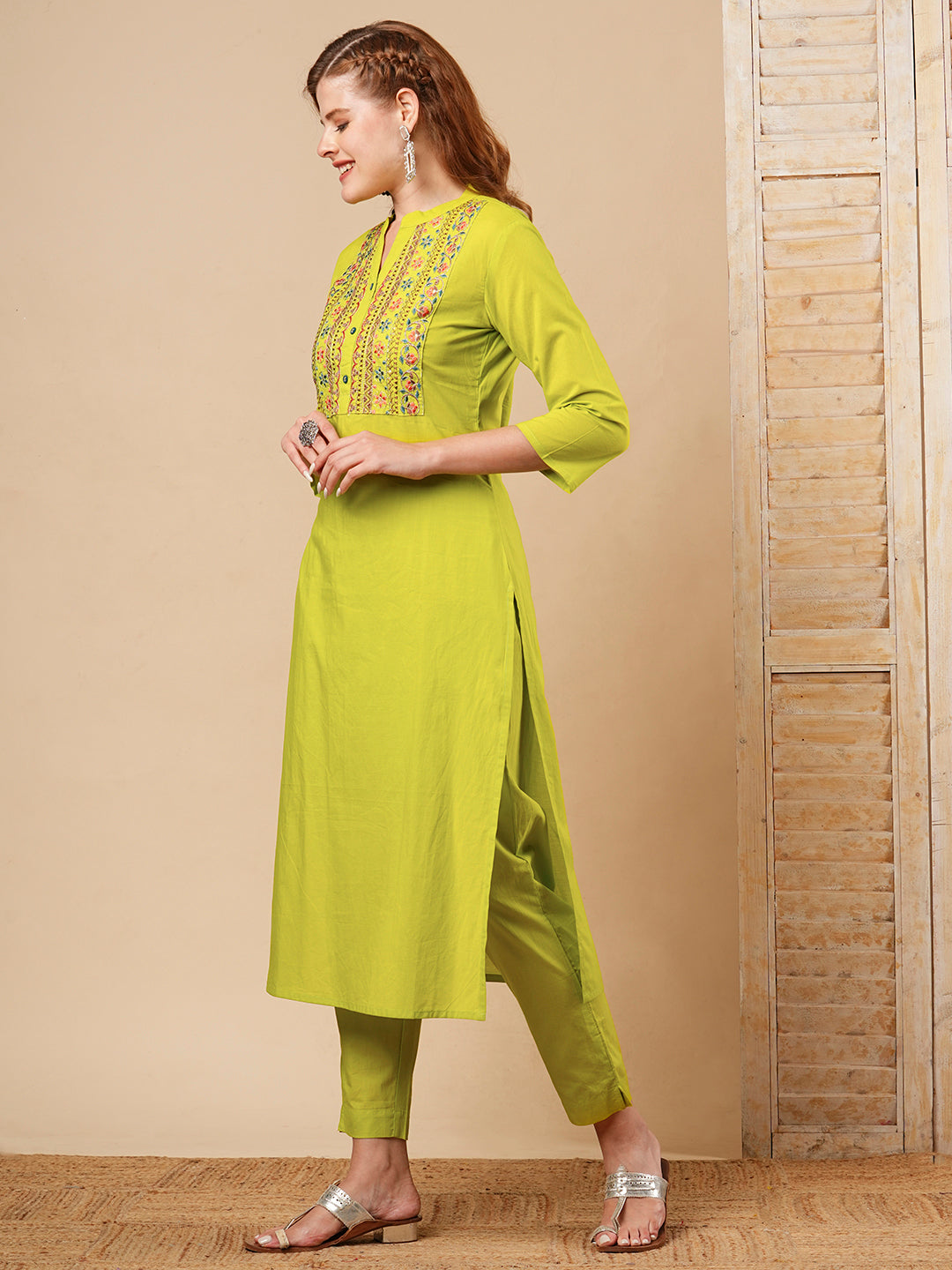 Floral Zari & Resham Embroidered Straight Fit Co-ord Set - Lime Green