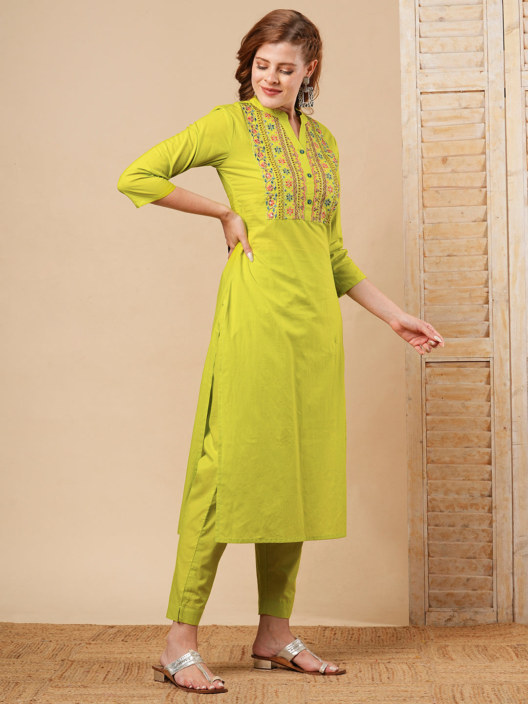 Floral Zari & Resham Embroidered Straight Fit Co-ord Set - Lime Green