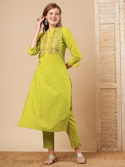 Floral Zari & Resham Embroidered Straight Fit Co-ord Set - Lime Green