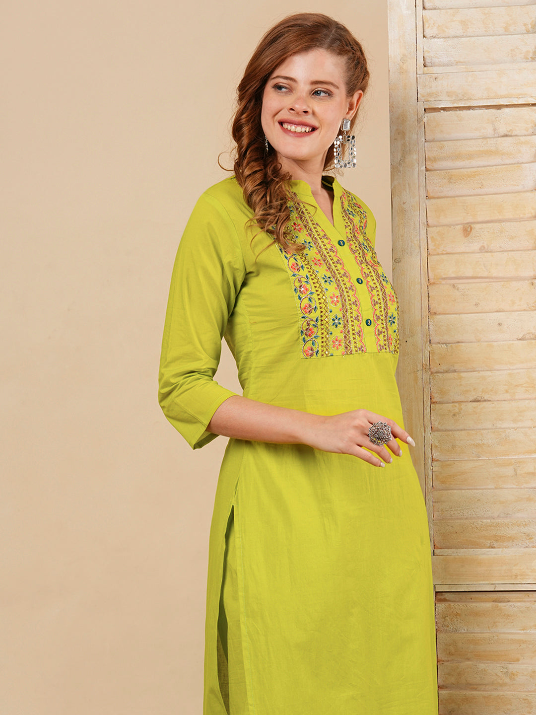 Floral Zari & Resham Embroidered Straight Fit Co-ord Set - Lime Green