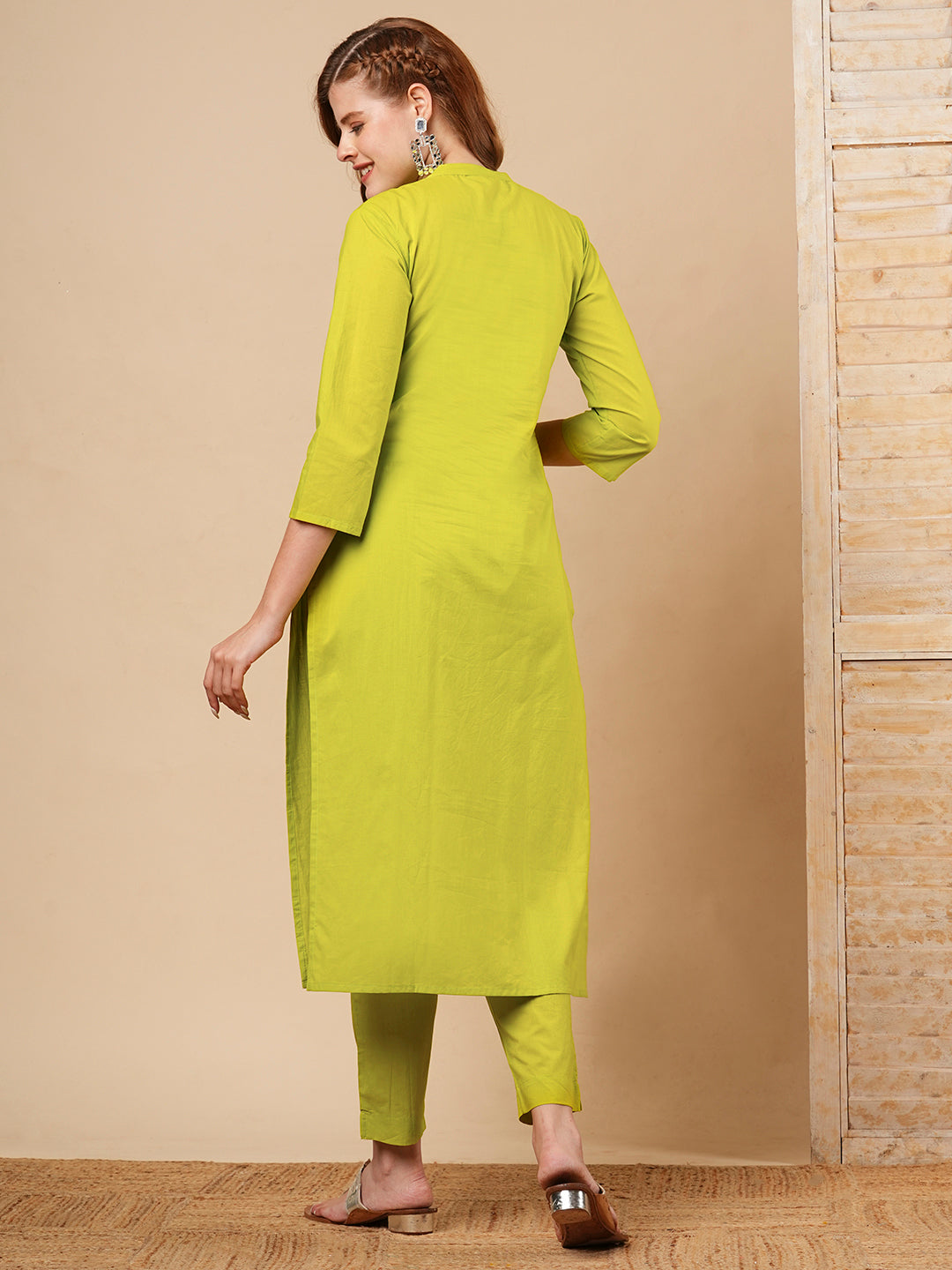 Floral Zari & Resham Embroidered Straight Fit Co-ord Set - Lime Green