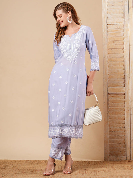 Solid Chikankari Embroidered Straight Fit Co-ord Set - Lavender