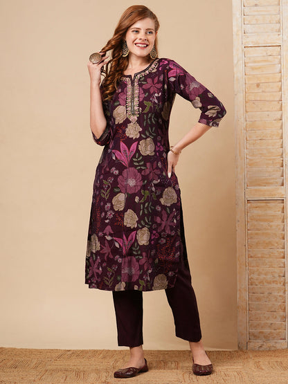 Floral Printed & Embroidered Straight Fit Kurta with Pant - Burgundy