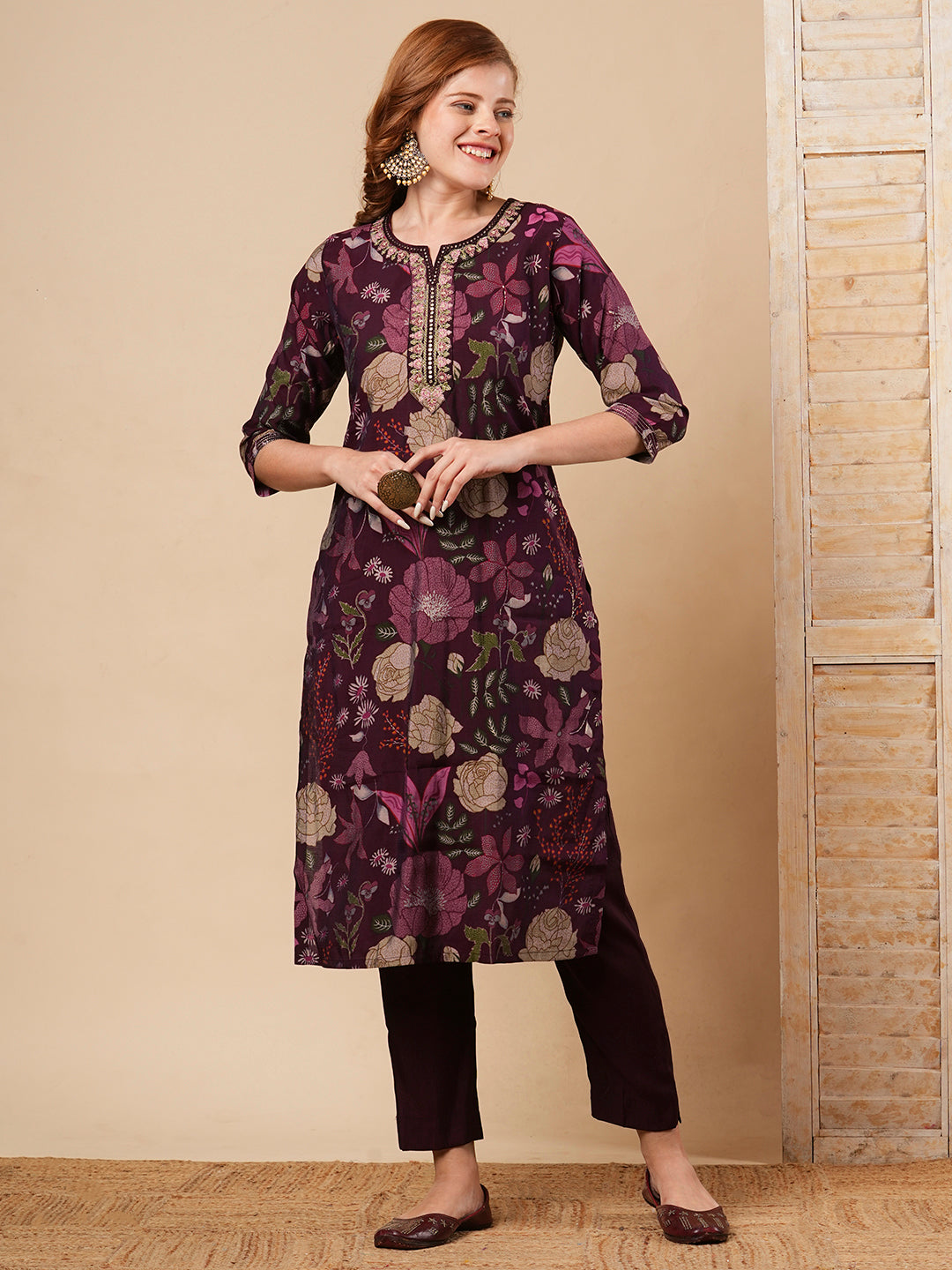 Floral Printed & Embroidered Straight Fit Kurta with Pant - Burgundy