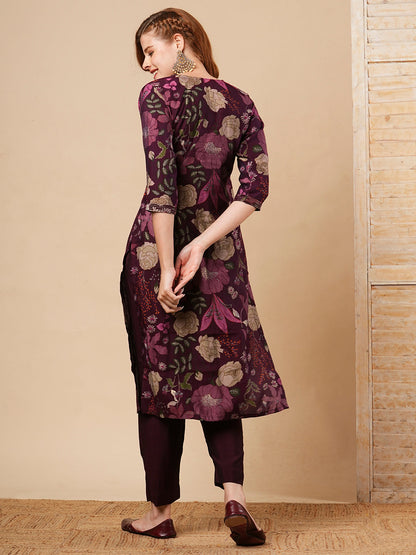 Floral Printed & Embroidered Straight Fit Kurta with Pant - Burgundy