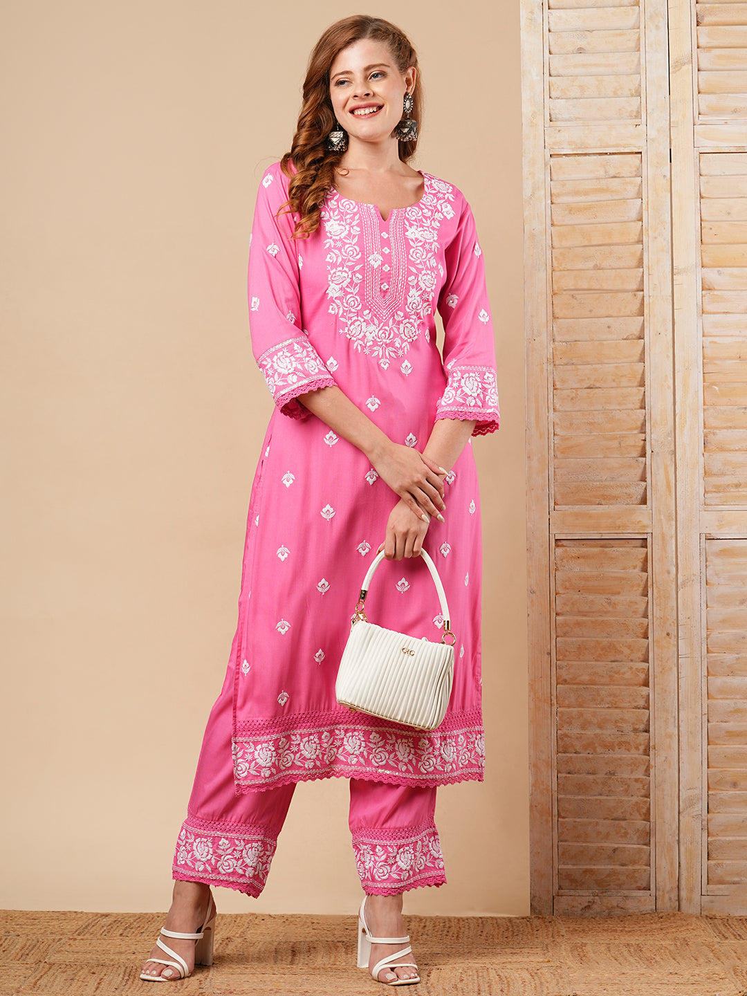 Floral Chikankari Embroidered Straight Fit Co-ord Set - Pink