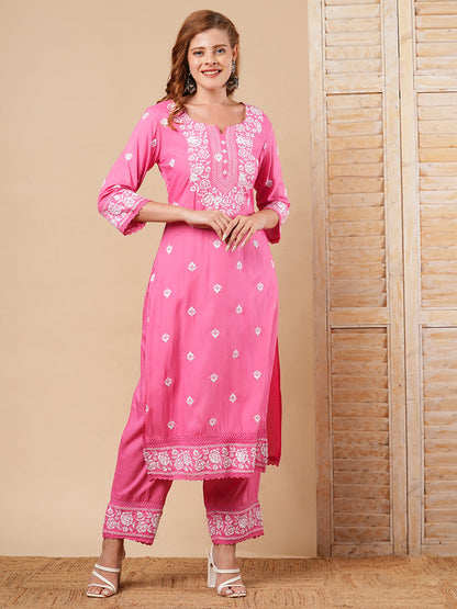 Floral Chikankari Embroidered Straight Fit Co-ord Set - Pink