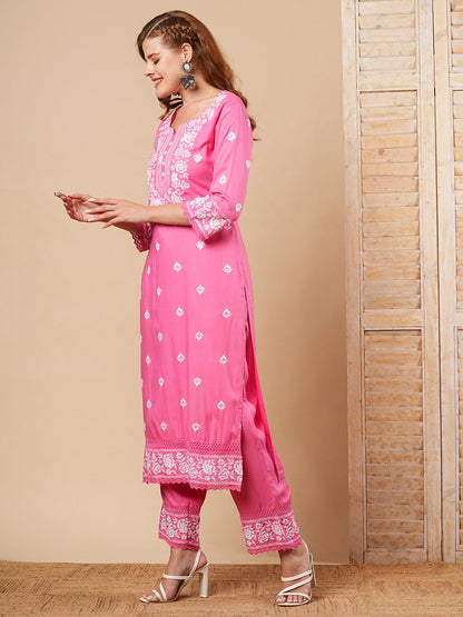 Floral Chikankari Embroidered Straight Fit Co-ord Set - Pink