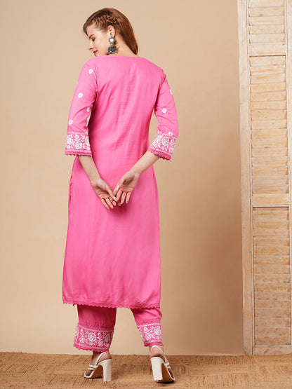 Floral Chikankari Embroidered Straight Fit Co-ord Set - Pink