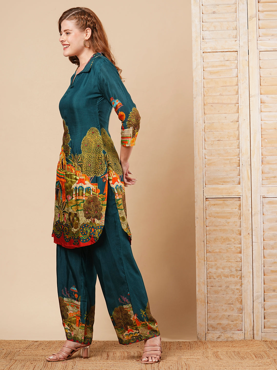 Mughal Miniature Printed & Embroidered Straight Fit Co-ord Set - Teal Green