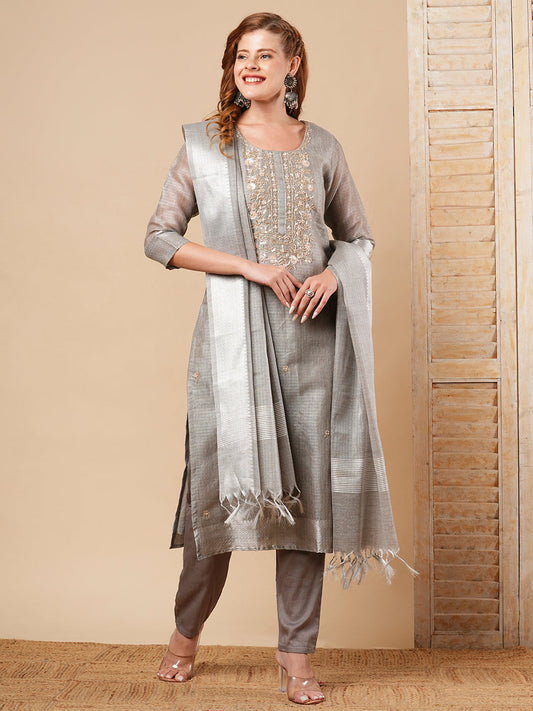 Solid Floral Hand Embroidered Straight Fit Kurta with Pant and Dupatta - Grey