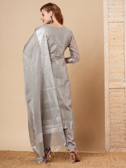 Solid Floral Hand Embroidered Straight Fit Kurta with Pant and Dupatta - Grey