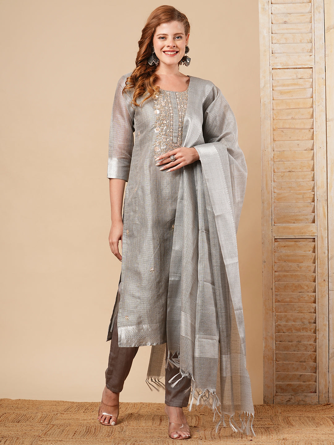 Solid Floral Hand Embroidered Straight Fit Kurta with Pant and Dupatta - Grey