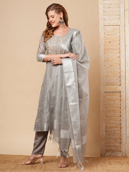 Solid Floral Hand Embroidered Straight Fit Kurta with Pant and Dupatta - Grey