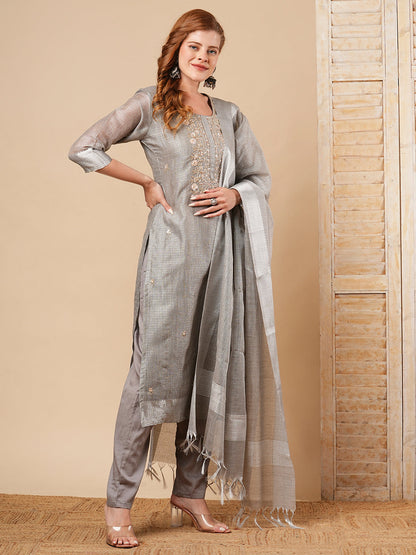 Solid Floral Hand Embroidered Straight Fit Kurta with Pant and Dupatta - Grey