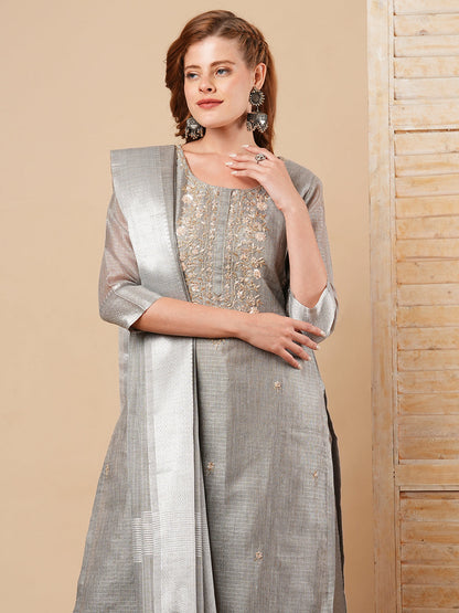 Solid Floral Hand Embroidered Straight Fit Kurta with Pant and Dupatta - Grey