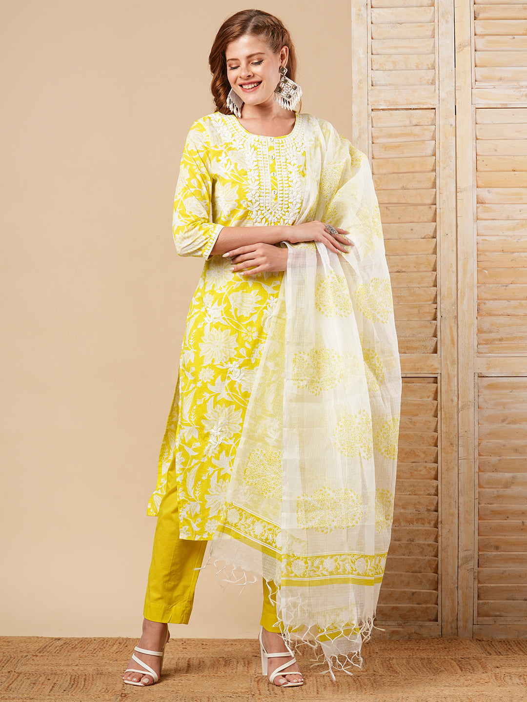 Floral Printed Embroidered Straight Fit Kurta with Pant and Khari Printed Dupatta - Lime Green