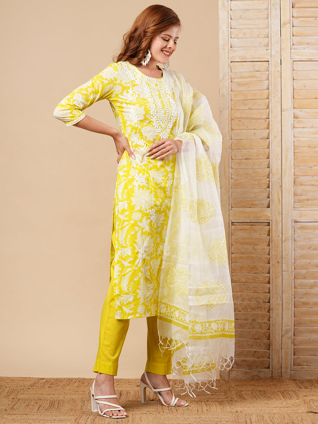 Floral Printed Embroidered Straight Fit Kurta with Pant and Khari Printed Dupatta - Lime Green