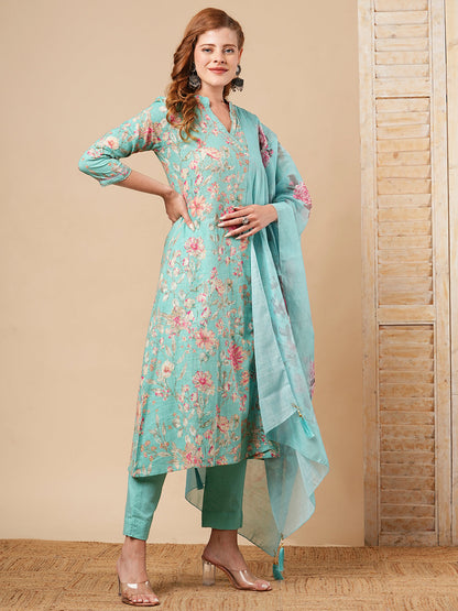 Floral Printed A-Line Paneled Kurta with Pant & Dupatta - Turquoise Blue