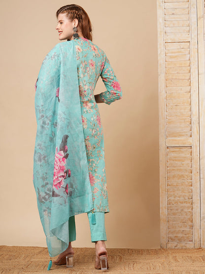 Floral Printed A-Line Paneled Kurta with Pant & Dupatta - Turquoise Blue