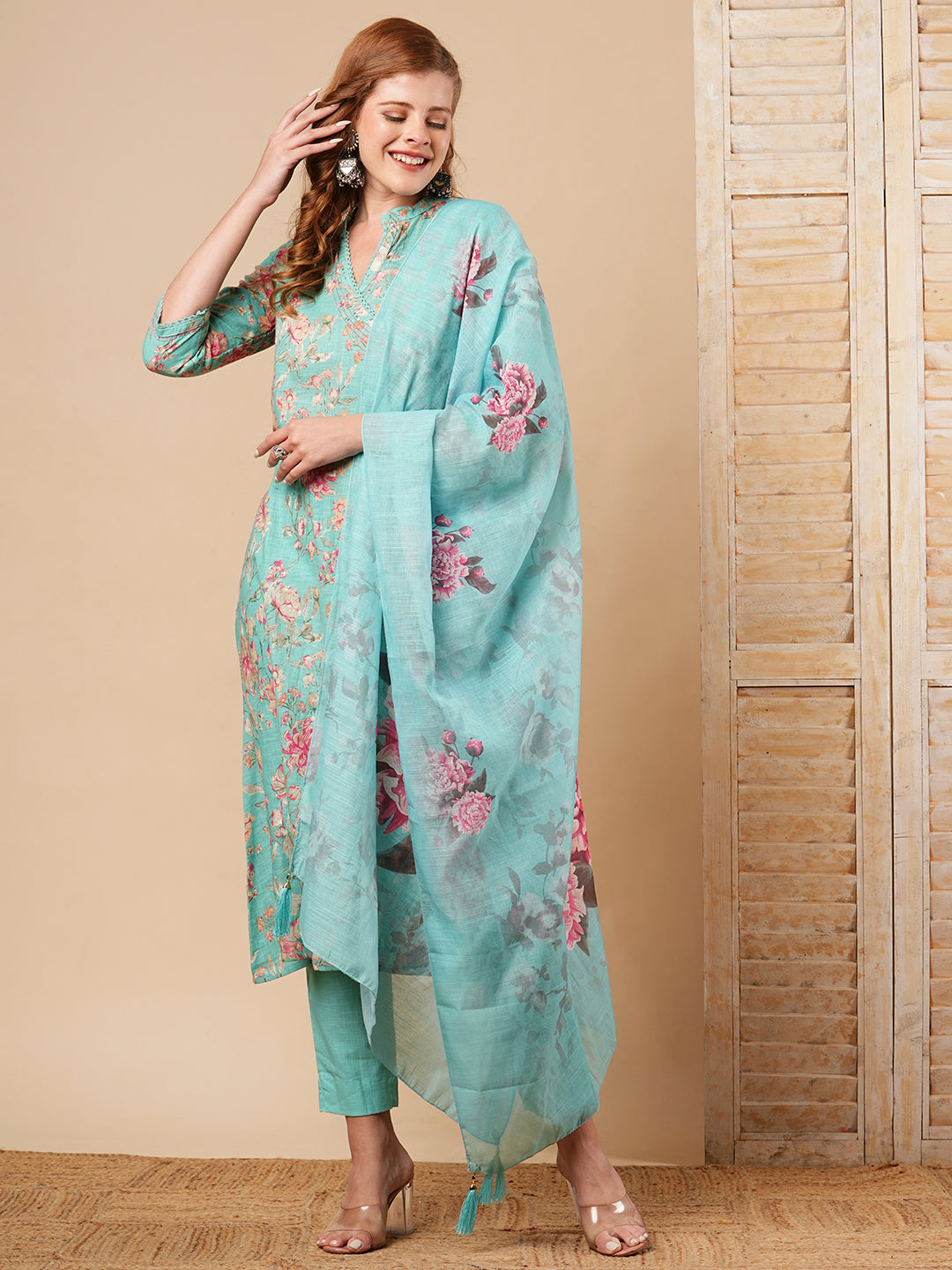 Floral Printed A-Line Paneled Kurta with Pant & Dupatta - Turquoise Blue