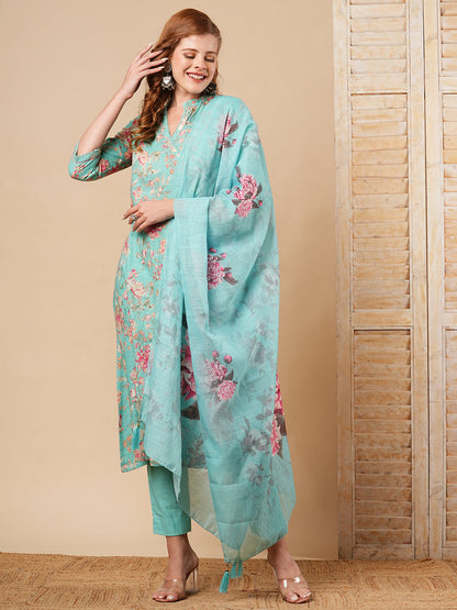 Floral Printed A-Line Paneled Kurta with Pant & Dupatta - Turquoise Blue