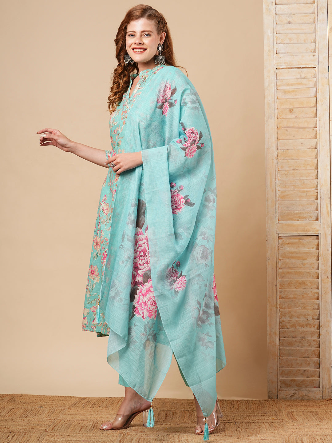 Floral Printed A-Line Paneled Kurta with Pant & Dupatta - Turquoise Blue