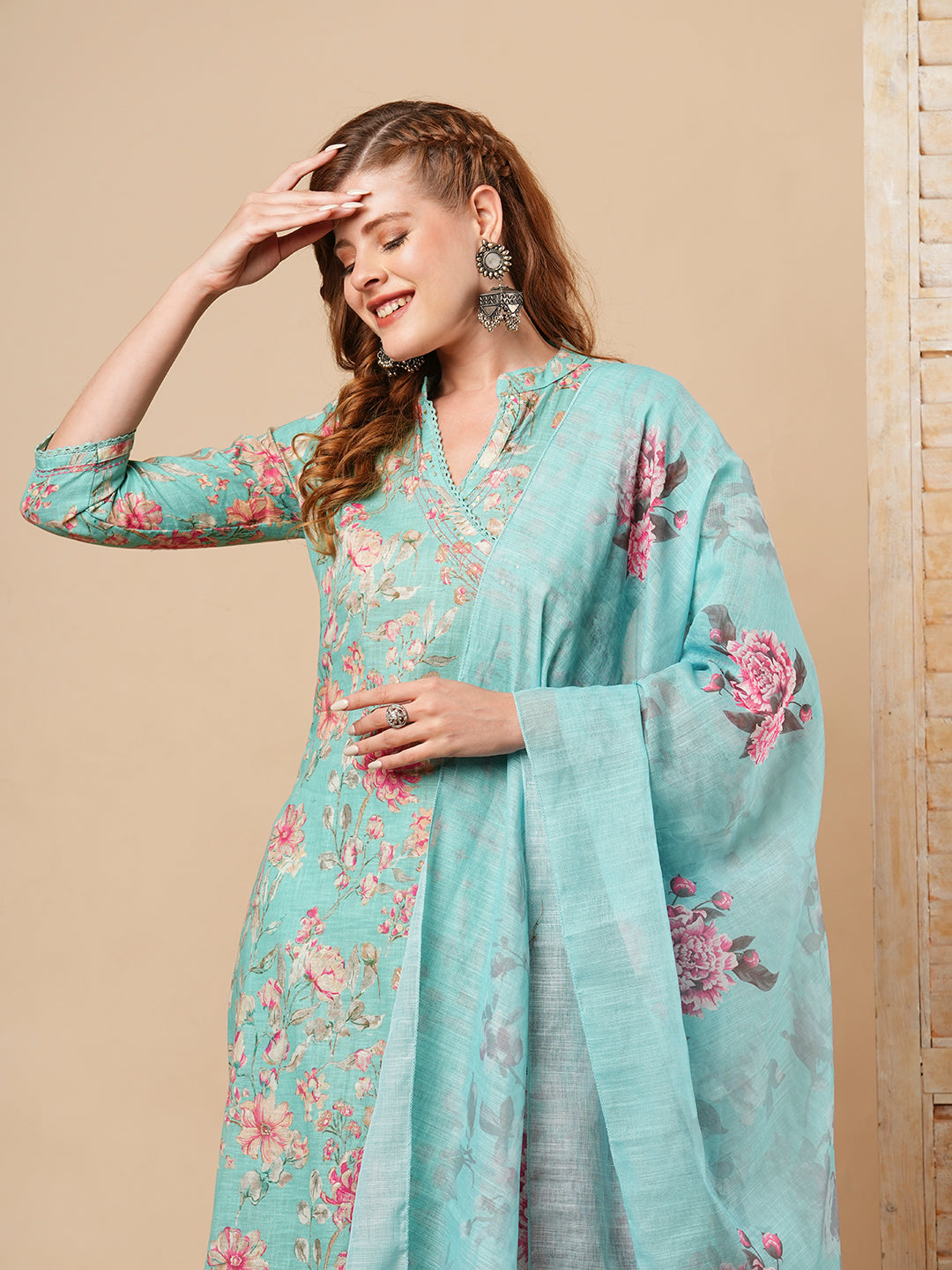 Floral Printed A-Line Paneled Kurta with Pant & Dupatta - Turquoise Blue