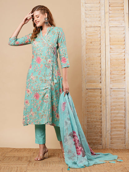 Floral Printed A-Line Paneled Kurta with Pant & Dupatta - Turquoise Blue