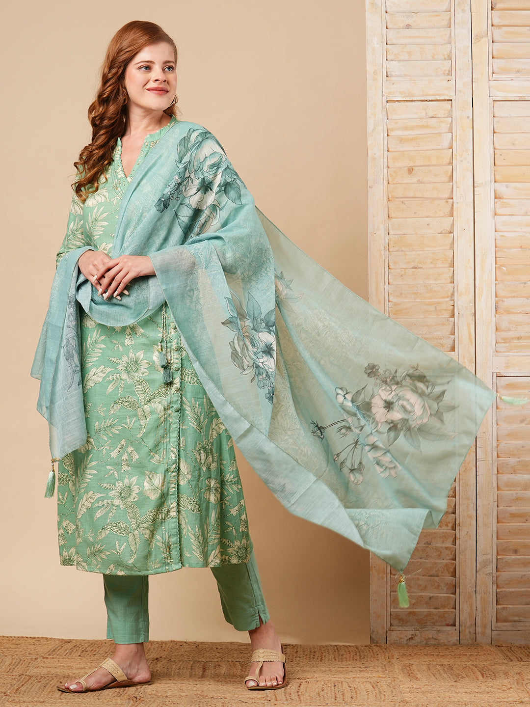 Floral Printed A-Line Paneled Kurta with Pant & Dupatta - Green